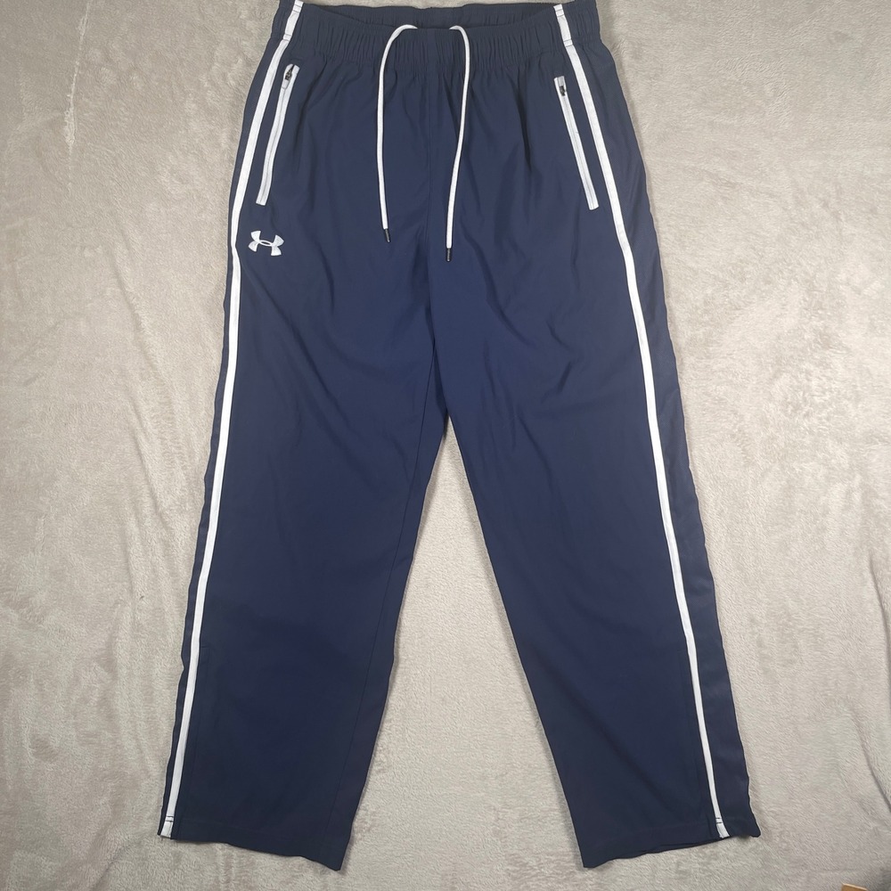 Under Armour Win It Woven Warm Up Pants Mens L Navy Blue Zipper Pockets/Leg
